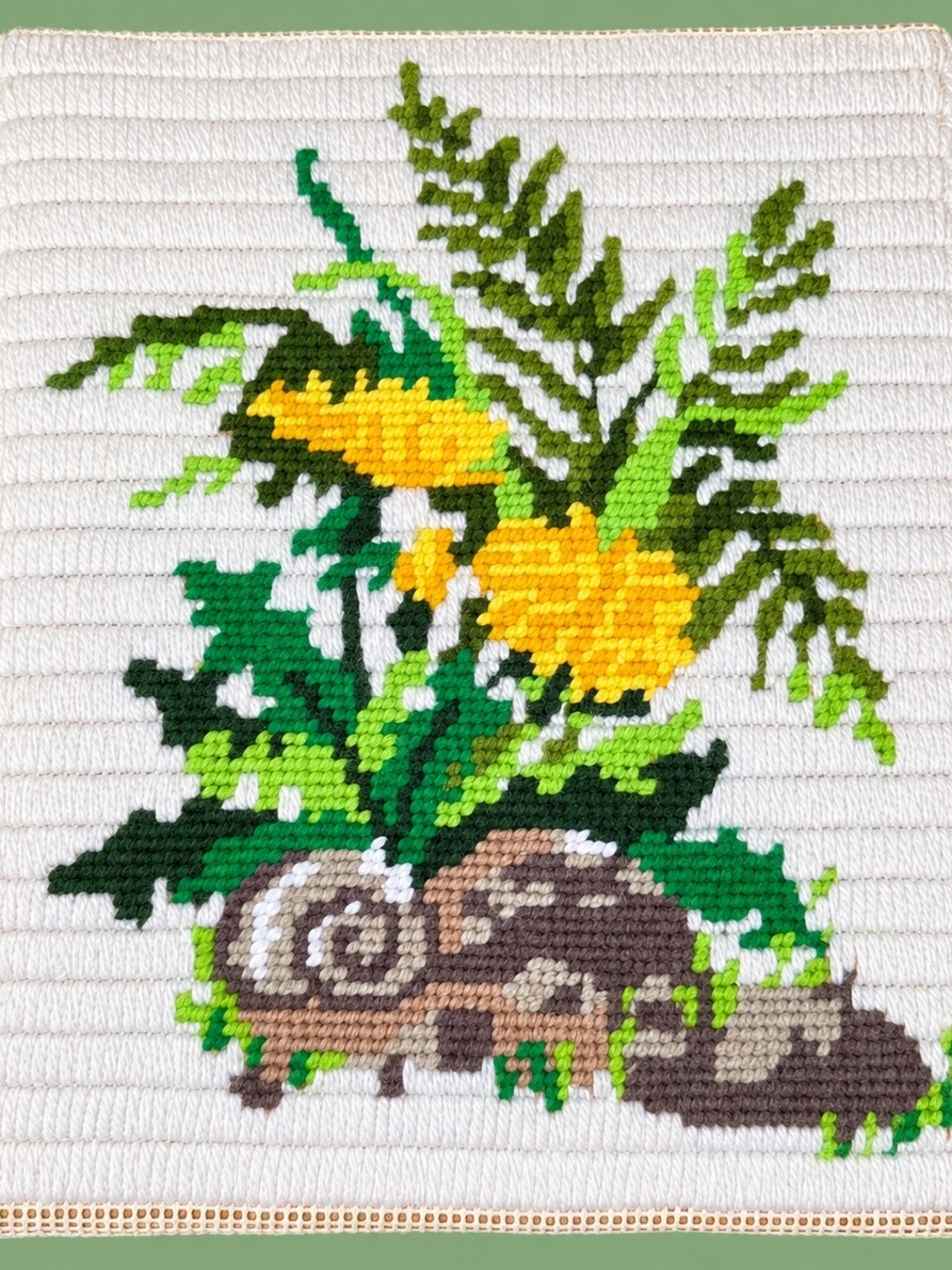 Vintage Handmade Needlepoint Wall Art Yellow Flowers Cottagecore Folk Art 8x11